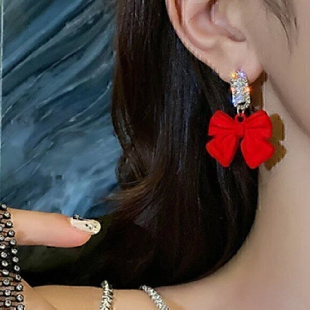 Crystal Red Rhinestone Bow Knot Dangle Earrings